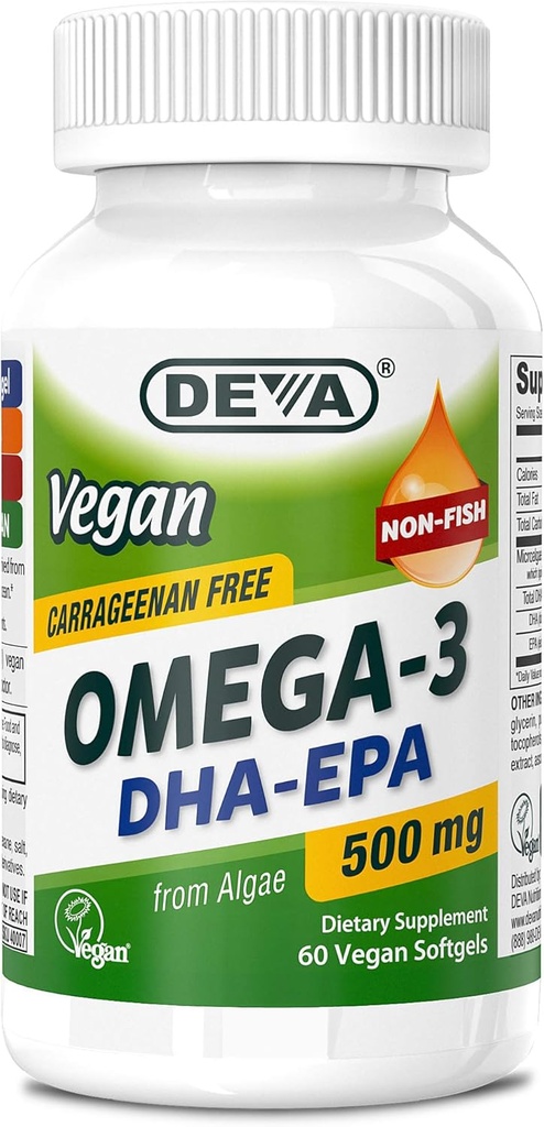 DEVA Vegan Omega-3 DHA-EPA 500MG – No Carrageenan, Non-Fish Oil Derived from Algae, Non-GMO, 60 Gelatin-Free Softgels