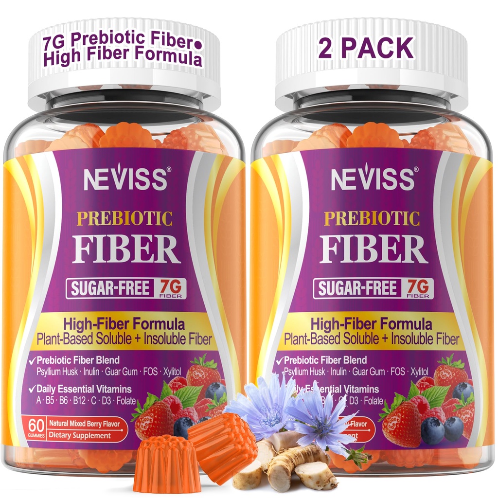 Fiber Gummies for Adults with Psyllium Husk, 7G(Soluble + Insoluble) Daily Prebiotic Fiber with Inulin, FOS, Guar Gum, Multivitamins for Daily Digestive Health, Regularity Support,Sugar Free,Pack of 2