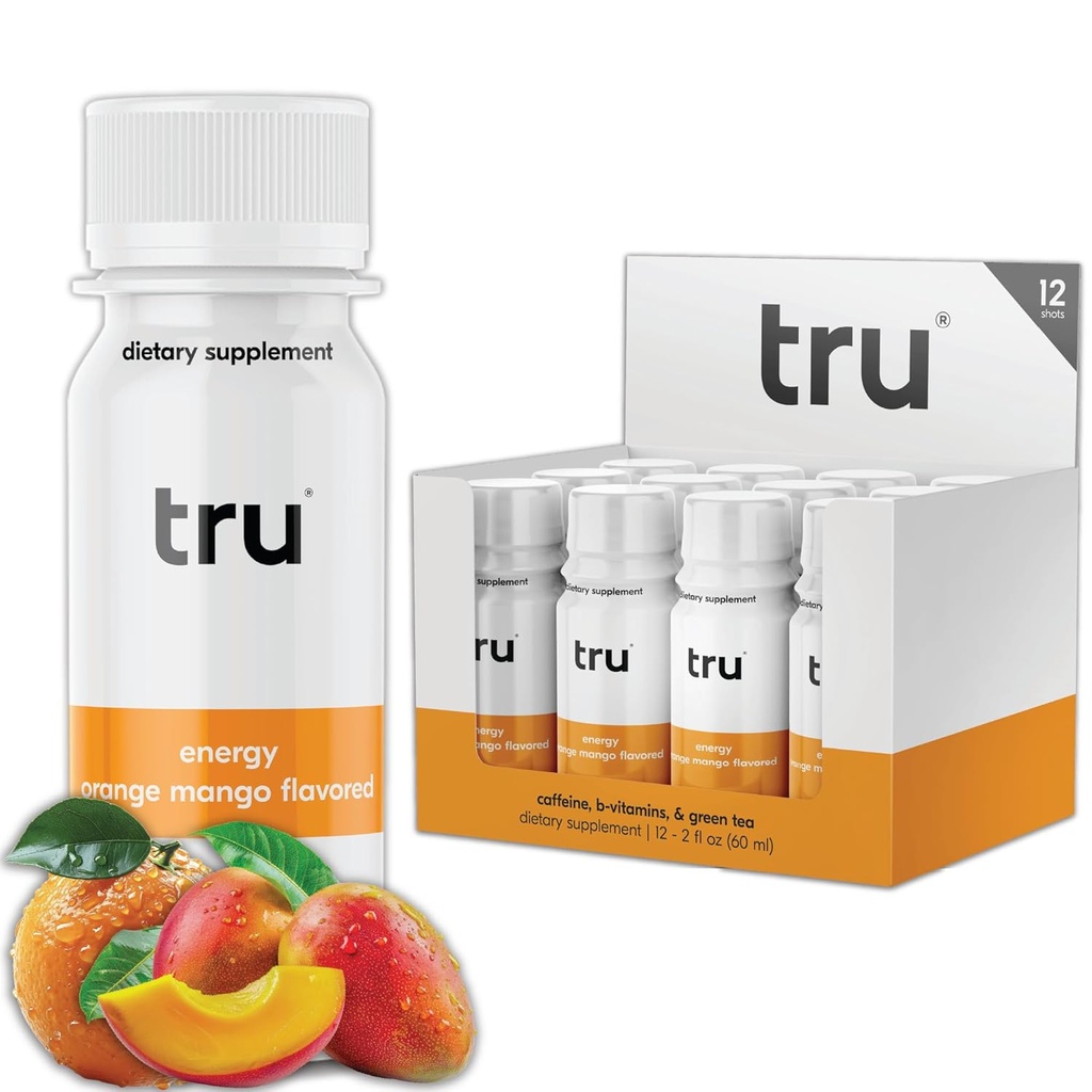 Tru Energy Shot, Extra Strength Energy Drink with Natural Caffeine, Green Tea, B Vitamins B3, B6 & Vitamin B12, Zero Sugar & Calories, Keto, Vegan, Gluten Free, Orange Mango, 2 OZ μπουκάλια FL, 12 Pack