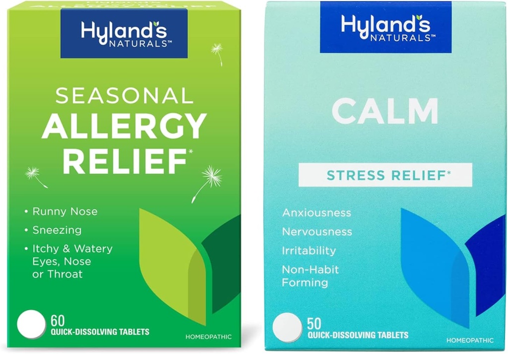 Bundle of Hyland's Indoor and Outdoor, Non Drowsy Seasonal Allergy Relief Pills 60 CT and Calm Tablets, Natural Relief of Anxiousness, Nurness, Stress, and Irritability 50 CT