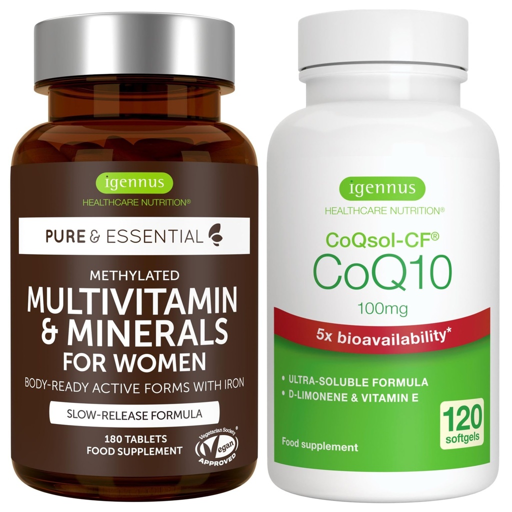 Multivitamin & Minerals for Women + Υψηλή απορρόφηση CoQ10 100mg 120 Softgels Energy Bundle, Παρατεταμένη απελευθέρωση Advanced Multivitamin + CoQ10 with Vitamin E & D-Limonene, by Igenus