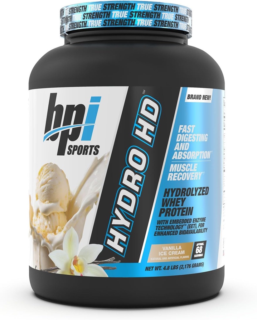 BPI Sports Hydro HD - 100% υδρολυμένη σκόνη πρωτεΐνης ορού γάλακτος - μυϊκή ανάπτυξη, ανάκτηση, 25g υδρολυμένης πρωτεΐνης, χαμηλή υδατανθράκων, χαμηλή ζάχαρη, γρήγορη απορρόφηση (68 σερβίτσια, παγωτό βανίλια)