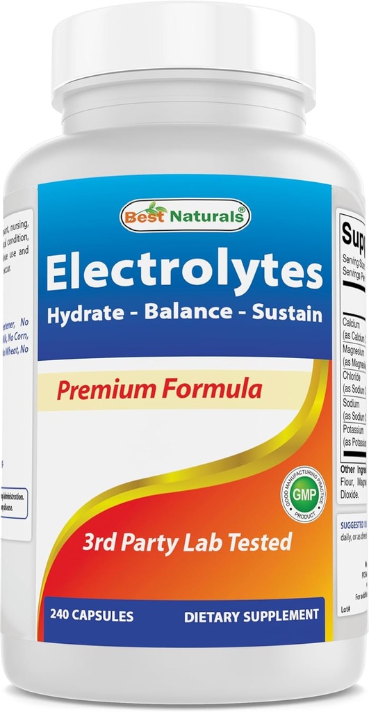 Best Naturals Electrolytes Hydrate-Balance- Sustain Premium Formula 240 Capsules. Gluten Free and Non-GMO.