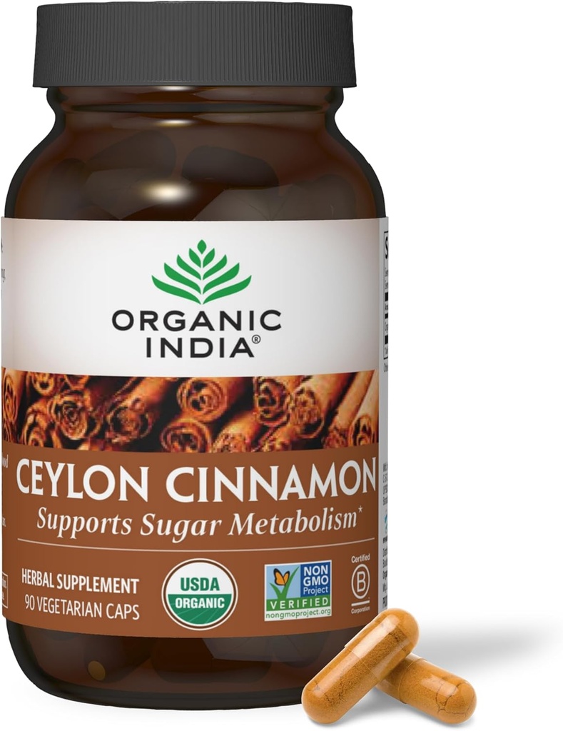 ORGANIC INDIA Ceylon Cinnamon Supplement - Βιολογικές Κάψουλες Κεϋλάνης Κανέλας, Καπάκια Κανέλας Βότανο συμπλήρωμα, Υποστηρίξτε Πέψη, Πηγή Αντιοξειδωτικών, USDA Organic, Vegan, Χωρίς Γλουτένη - 90 Κάψουλες