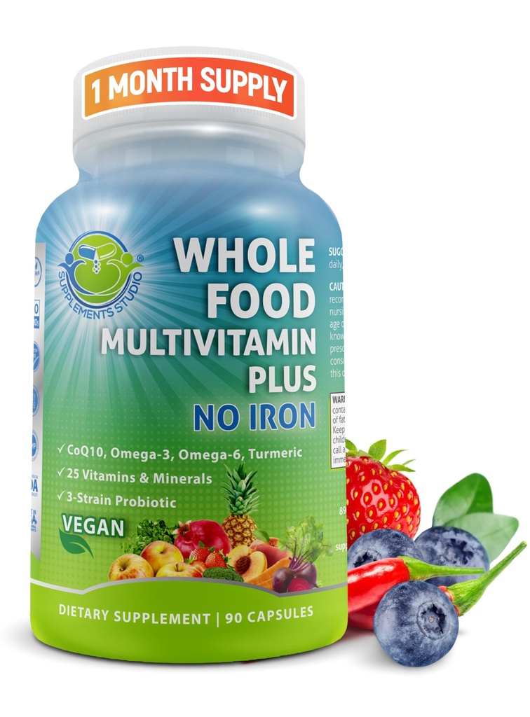 Vegan Whole Food Daily Multivitamin Without Iron, Methylated Multivitamin for Women and Men, Made with Fruits & Fruits, B-Complex, Probiotics, Enzymes, CoQ10, Omegas, Turmeric, Non-GMO, 90 Count