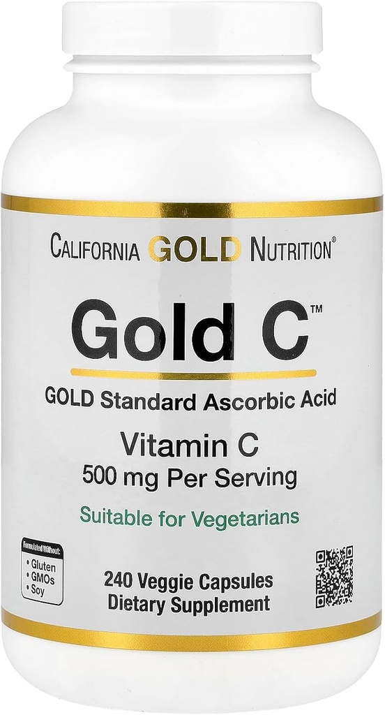 California Gold Nutrition Gold C USP Grade Vitamin C Supplement - Ανοσολογική Υποστήριξη & Εποχιακή Ευεξία - Χορτοφαγική Φιλική - Χωρίς γλουτένη, Μη ΓΤΟ - 500 mg - 240 Κάψουλες Veggie