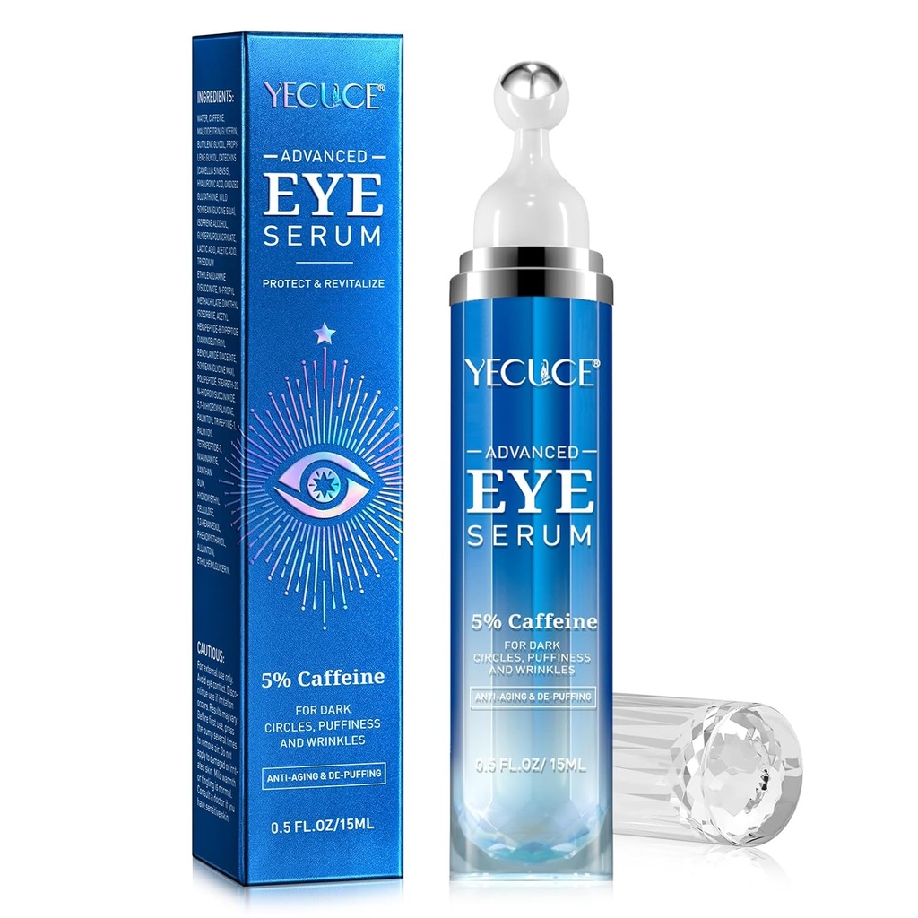 5% Caffeine Peptide Eye Serum, Under Eye Roller Cream for Dark Circles, Puffy, Τσάντες Under Eyes - 360° Massage Ball Cream for Wrinkles, Fine Lines and Firming (Blue)
