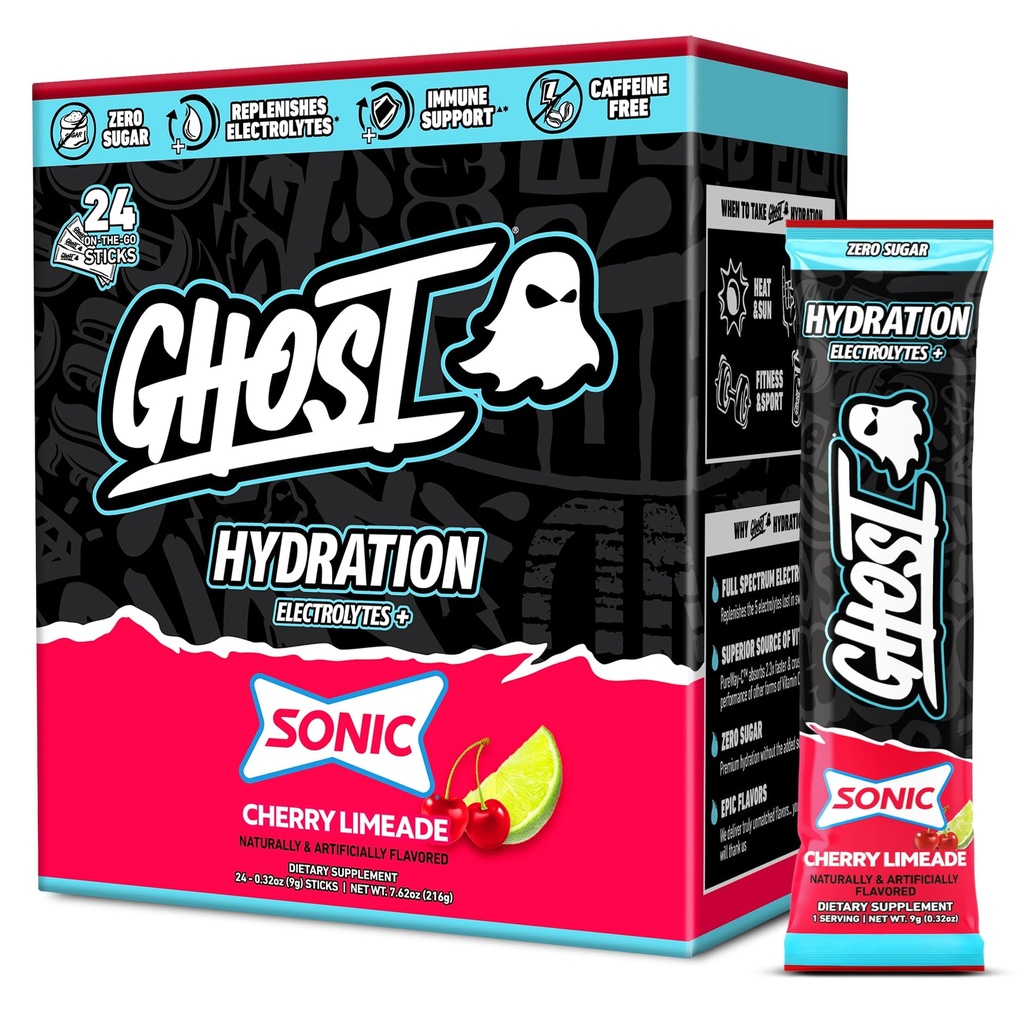 Συσκευασίες ενυδάτωσης GHOST, Sonic Cherry Limeade, 24 Sticks, Ηλεκτρολυτική σκόνη - Συμπλήρωμα μειγμάτων ποτών με μαγνήσιο, κάλιο, ασβέστιο, βιταμίνη C - Vegan Φιλικό, χωρίς σόγια, ζάχαρη & γλουτένη