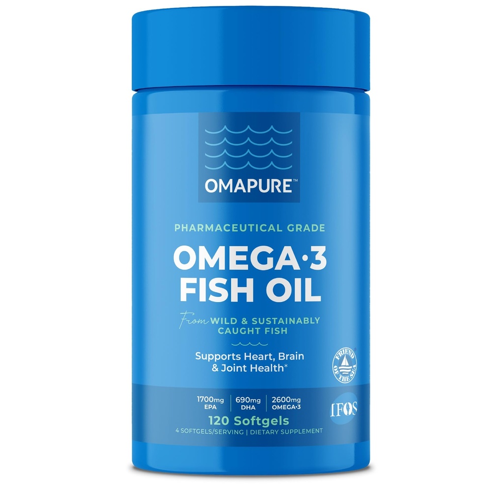 OMAPURE Fish Oil Συμπληρώματα με Ωμέγα 3 Λιπαρά Οξέα (1 μπουκάλι, 120 Softgels) - Υψηλή EPA, DHA, & IFOS Fish Oil Χάπια Υποστήριξη Καρδιά & Κοινή Υγεία - Burpless Fish Oil Προάγει τη λειτουργία του εγκεφάλου