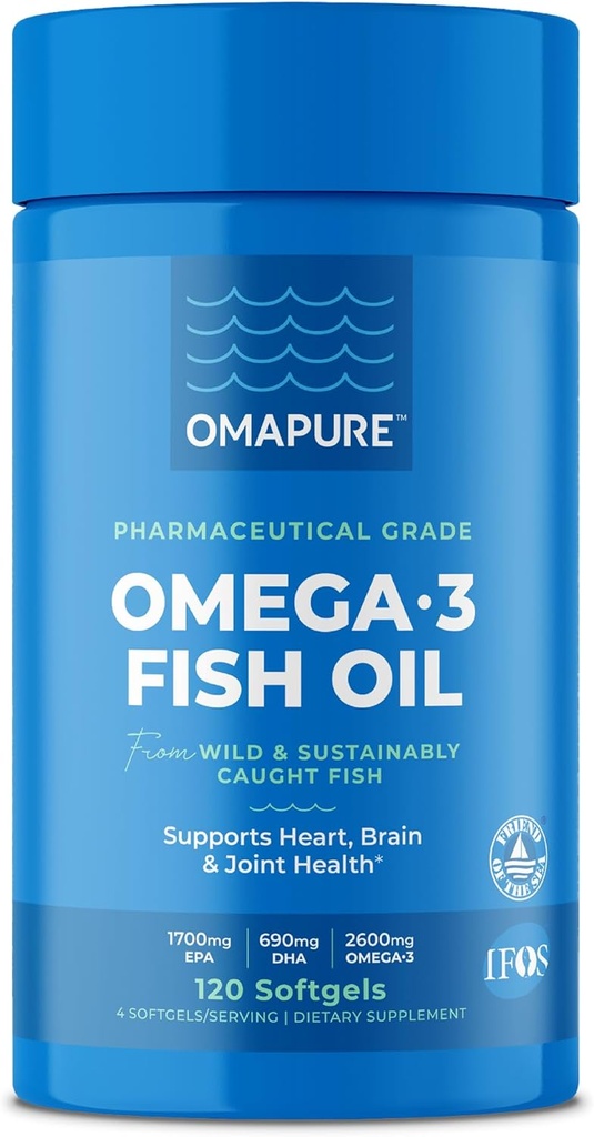 OMAPURE Fish Oil Συμπληρώματα με Ωμέγα 3 Λιπαρά Οξέα (1 μπουκάλι, 120 Softgels) - Υψηλή EPA, DHA, & IFOS Fish Oil Χάπια Υποστήριξη Καρδιά & Κοινή Υγεία - Burpless Fish Oil Προάγει τη λειτουργία του εγκεφάλου