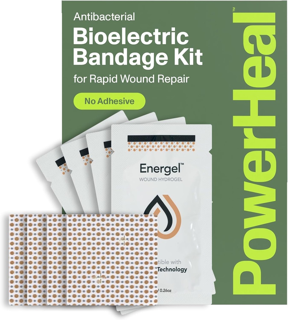 PowerHeal Bioelectric Bandage Kit for Wound Care & Healing – Single Layer No Adhesive Περιλαμβάνει Wound Hydrogel, Can Be Cut to Fit – for Cuts, Abrasions, Blisters, Burns – 4-Pack, 2” x 2”