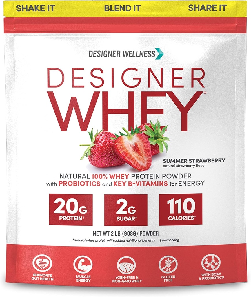 Σχεδιαστής Wellness, Designer Whey, Φυσική σκόνη πρωτεΐνης ορού γάλακτος με προβιοτικά, ίνες και βασικό B-βιταμίνες για την ενέργεια, χωρίς γλουτένη, φράουλα καλοκαίρι, 2 lb