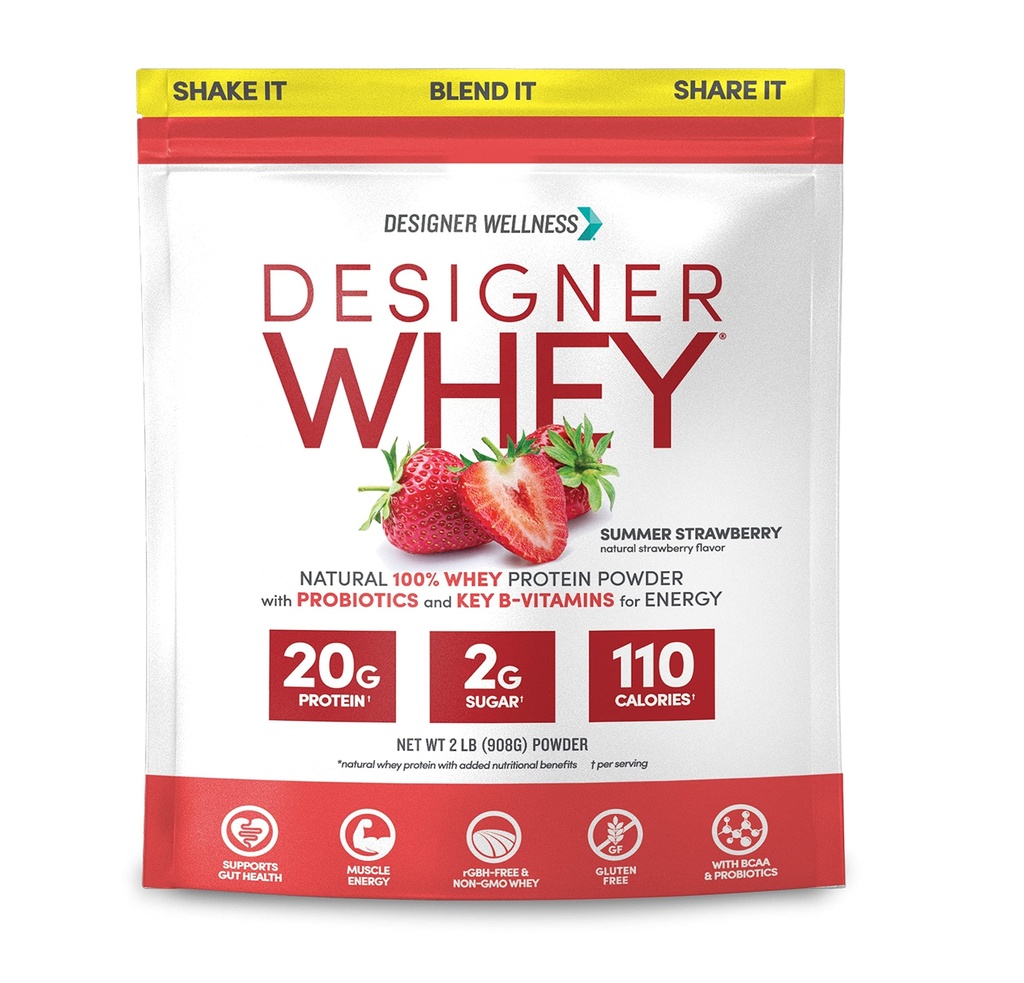 Σχεδιαστής Wellness, Designer Whey, Φυσική σκόνη πρωτεΐνης ορού γάλακτος με προβιοτικά, ίνες και βασικό B-βιταμίνες για την ενέργεια, χωρίς γλουτένη, φράουλα καλοκαίρι, 2 lb
