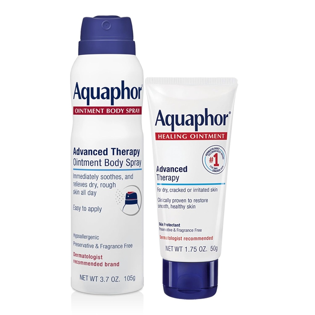 Aquaphor Skin Care Set, Advanced Therapy Healing Aintment (1,75 Oz) + Advanced Therapy Aintment Body Spray (3,7 Oz), Hypoallergenic and Fragrance Free Body Moisturizer for Dry Skin