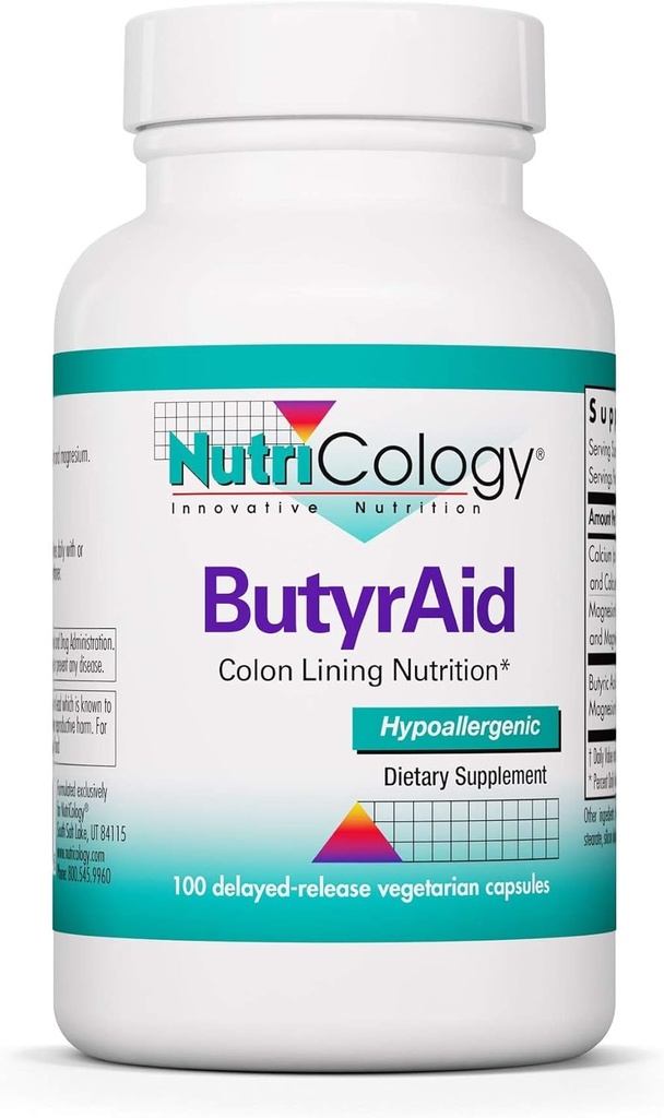 Nutricology ButyrAid Supplement 200 mg - Butyrate, Gut Health, Butyric Acid, Tributyrin Complex, Colon Lining Nutrition, Postbiotics, Delayed-Release Vegetarian Caps - 100 Count