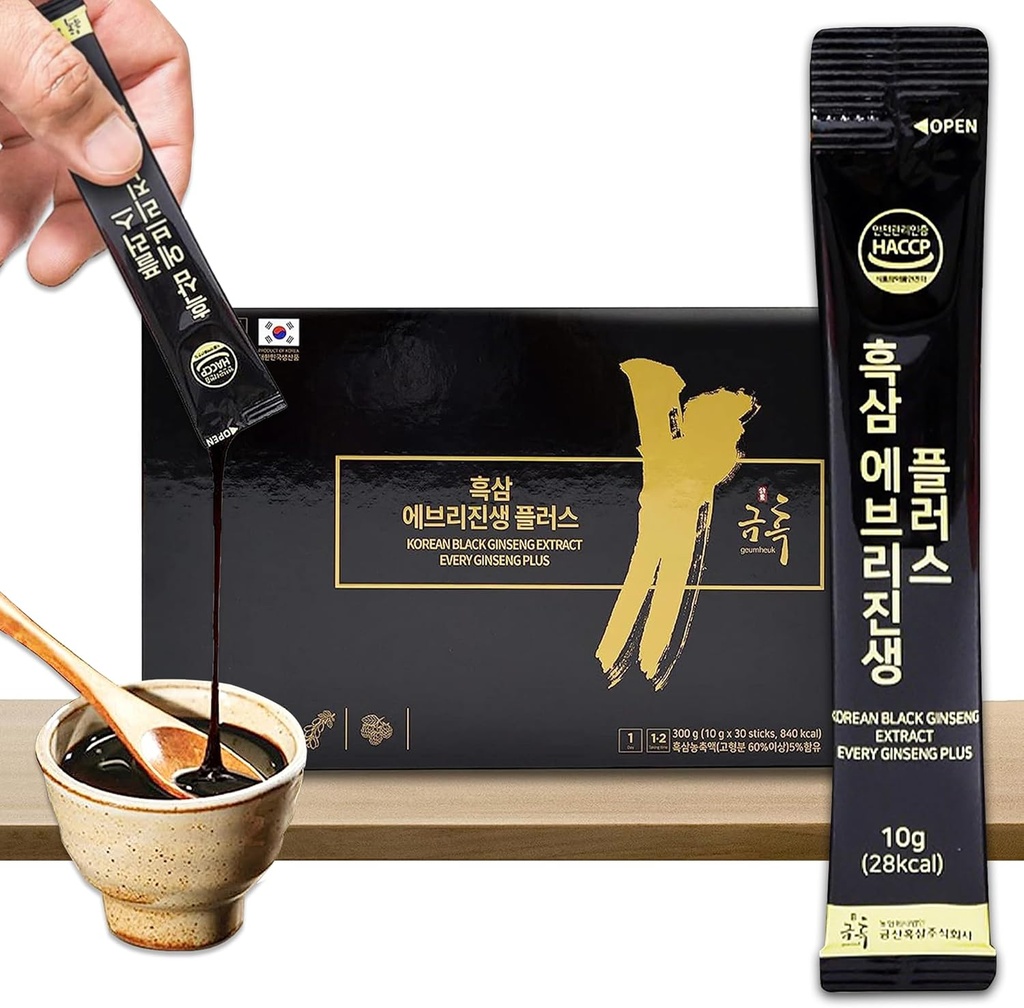 GeumHeuk Korean Black Ginseng Extract Every Ginseng Plus. 10g X 30 Stick Pouches. Immune Support, Energy Booster, Fatigue Recovery, Mental Performance. Patented Method.