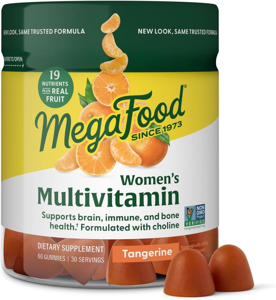 MegaFood Women's Multi - Multivitamin for Women - Gummy Vitamins - Βιταμίνη C, Βιταμίνη D, Ψευδάργυρος, Βιταμίνη B12 & Χολίνη - Ανοσοποιητική Υποστήριξη & Υγεία των Οστών - Χορτοφαγικά - Tangerine - 60 Gummies (30 Servies)