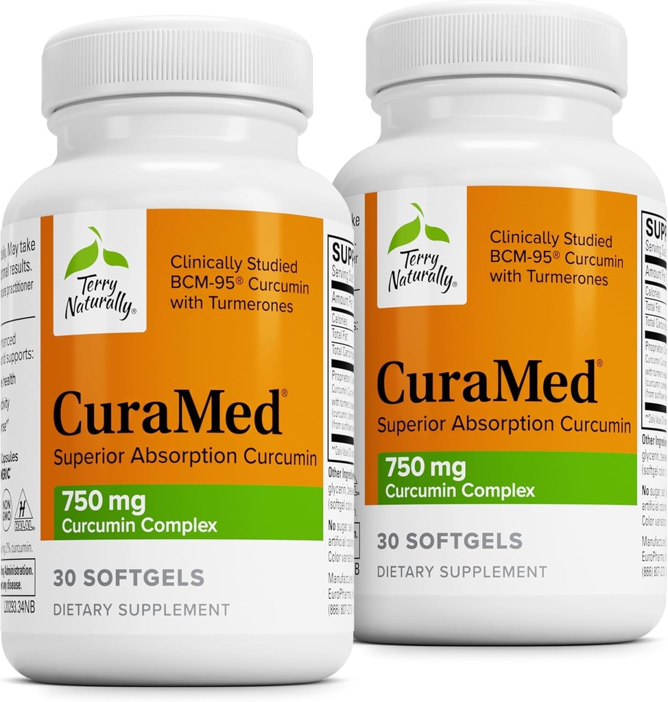 Terry Naturally CuraMed 750mg - Antioxidant Supplement for Brain & Heart Health - Supplement with High-Potency Curcumin Complex - Kidney, Liver & Immune Health Support - 30 Softgels (Pack of 2)