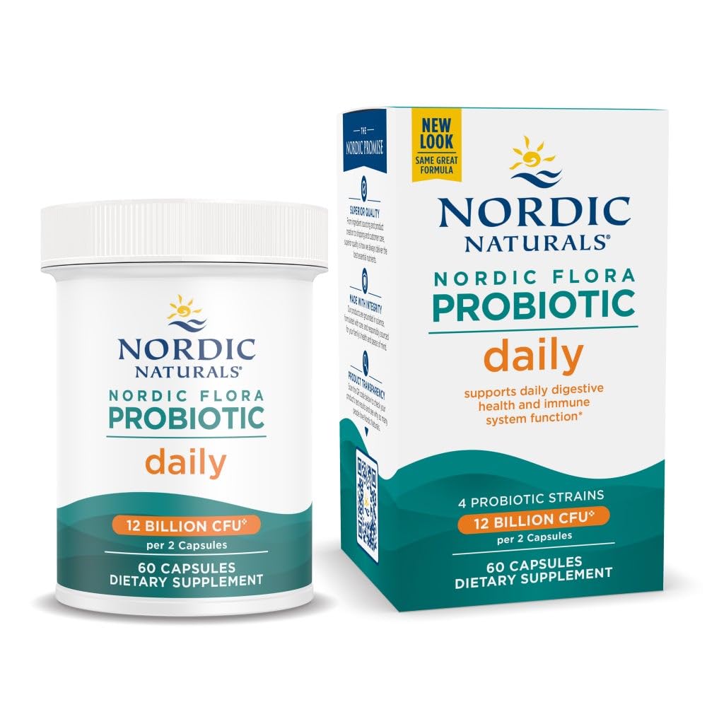 Nordic Naturals Nordic Flora Probiotic Daily - 60 Κάψουλες - 4 Probiotic Strains with 12 Billion Cultures - Optimal Wellness, Immune Support, Digestive Health - Non-GMO, Vegan - 30 Services