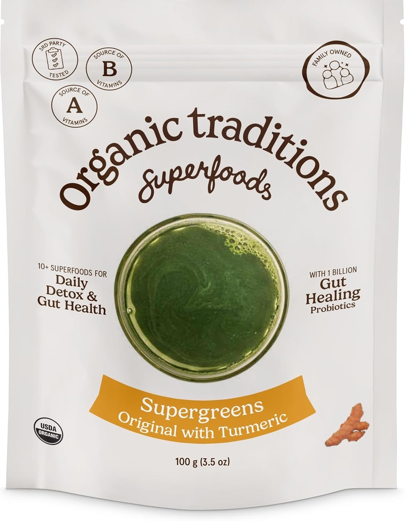 Βιολογικές Παραδόσεις Super Greens Σκόνη Superfood με Turmeric, Βιολογικά Πράσινα Superfood Σκόνη, 100g/3.5oz Τσάντα