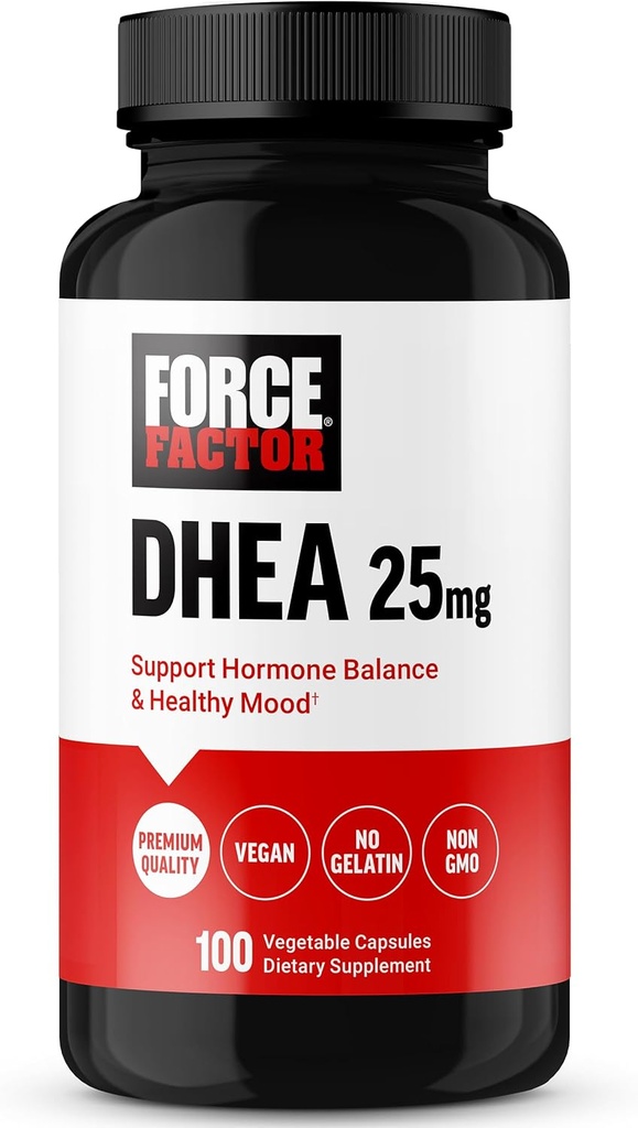 FORCE FACTOR DHEA 25mg, DHEA συμπλήρωμα για γυναίκες και άνδρες για την υποστήριξη της ισορροπίας ορμονών και υγιή διάθεση, Premium ποιότητα, Vegan φιλικό, μη-GMO, 100 κάψουλες λαχανικών