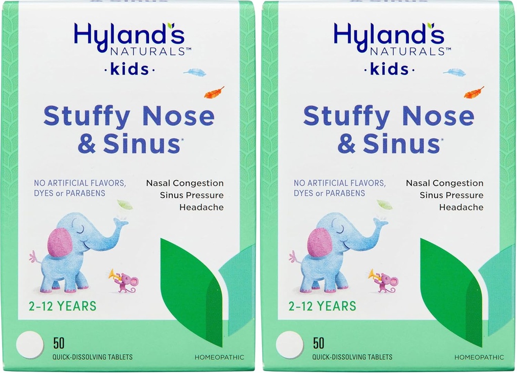 Hyland's Naturals Kids Stuffy Nose and Sinus Tablets, Ψυχρή και Αλλεργική Ιατρική για Παιδιά Ηλικίες 2 και άνω, Κεφαλαλγία Ανακούφιση και Nasινικό αποσυμφορητικό, Γρήγορη Διάλυση Tablets, 50 Count (Pack of 2)