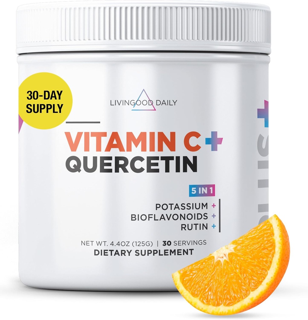 Livingood Daily High Dose Vitamin C Powder Supplement, 2,600 MG Ascorbic Acid Powder Supports Immunity & Skin Health, Powdered Vitamin C with Quercetin, Sweetened with Stevia, Vegan, 30 Servings