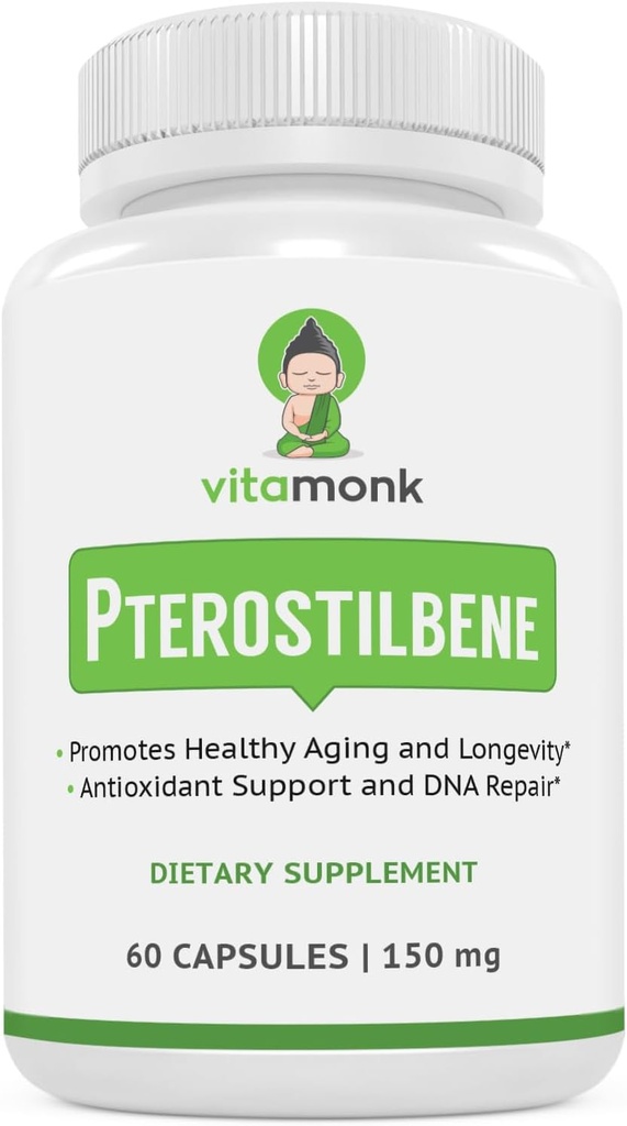VitaMonk Pterostilbene 150mg Capsules No Artificial Fillers - Soy Free Trans-Pterostilbene Supplement which Promotes Healthy Aging and Longevity - 60 Veggie-Caps - Improved Resveratrol