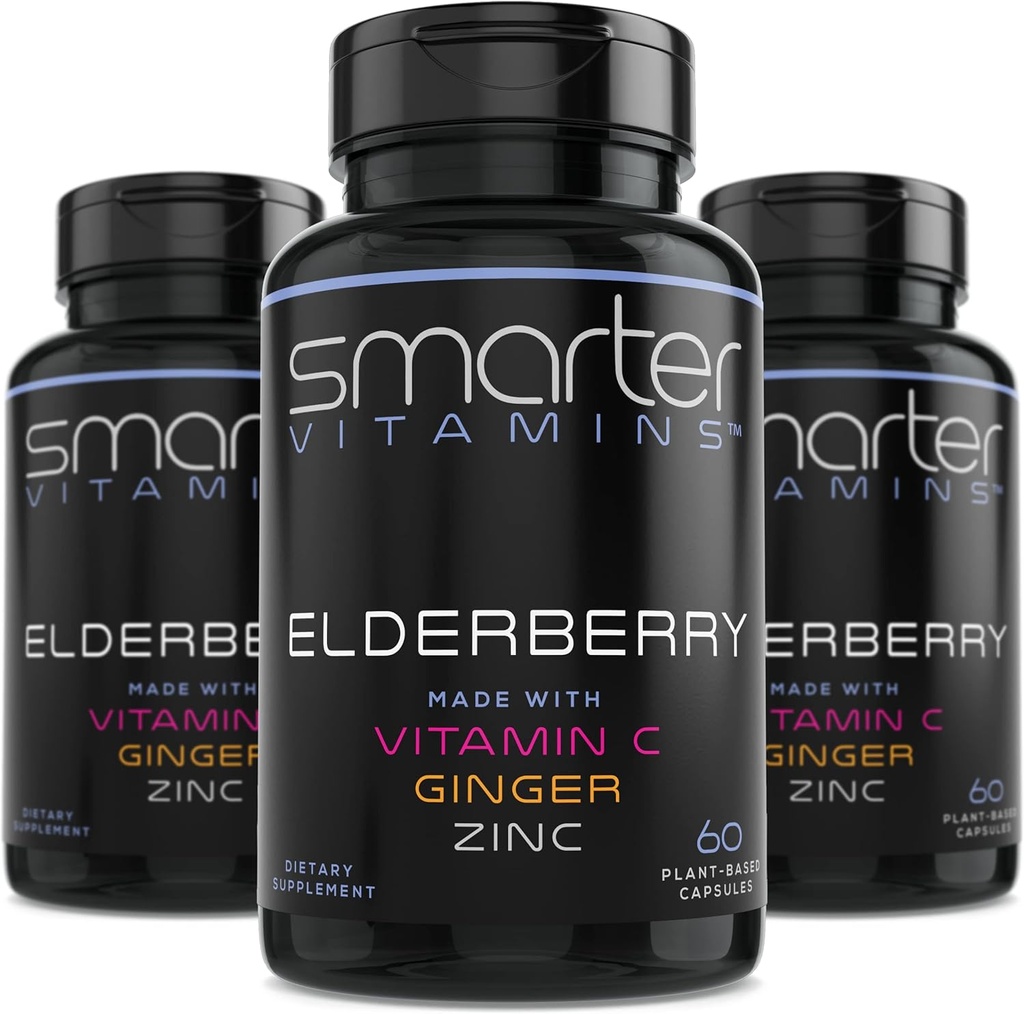 (3 Pack) Έξυπνες κάψουλες Elderberry + Βιταμίνη C + Ginger & Zinc, συμπλήρωμα βοτάνων, ισχυρό εκχύλισμα μαύρου larder Berry Αντιοξειδωτική βιταμίνη, 180 χάπια Vegan