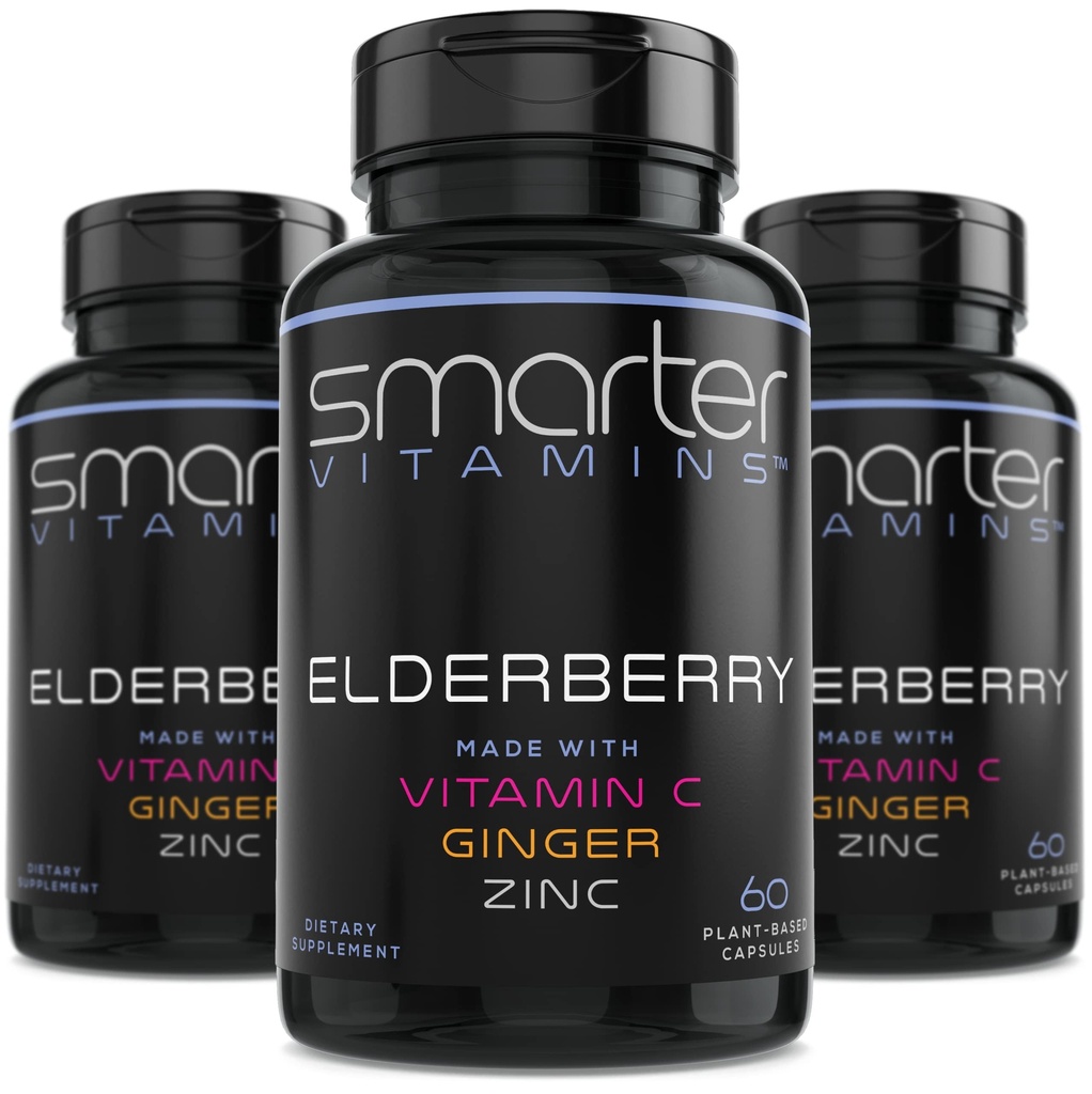 (3 Pack) Έξυπνες κάψουλες Elderberry + Βιταμίνη C + Ginger & Zinc, συμπλήρωμα βοτάνων, ισχυρό εκχύλισμα μαύρου larder Berry Αντιοξειδωτική βιταμίνη, 180 χάπια Vegan