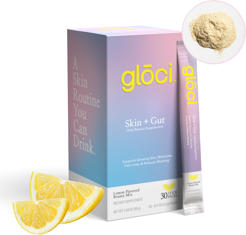 Gloci Skin + Gut - Probiotic DE111 - Υαλουρονικό οξύ, Μαγνήσιο, Βιταμίνη C, Ψευδάργυρος, Καρύδα Σκόνη νερού - Κλινικά Σπουδασμένο Προβιοτικό για Ραδιενεργό Δέρμα, Υγεία κόκκων, Ενυδάτωση - 30 Μέτρα
