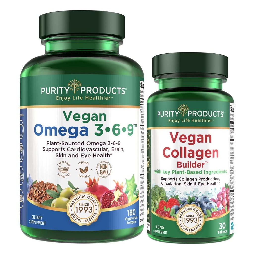 Προϊόντα καθαρότητας Bundle - Vegan Omega 3-6-9 (180 ct)+ Vegan Collagen Builder Omega 3-6-9 («5 in 1» Φυτικό Ωμέγα Απαραίτητο Λιπαρά Οξύ) - Vegan Collagen Builder (w/Key Plant-based Ingredients)