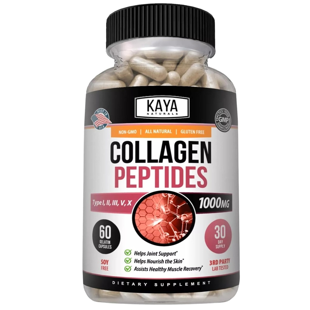 Kaya Naturals Multi Collagen Peptides Complex σκόνη για γυναίκες και άνδρες, Τύποι I, II, III, V & X 60 Κάψουλες Count