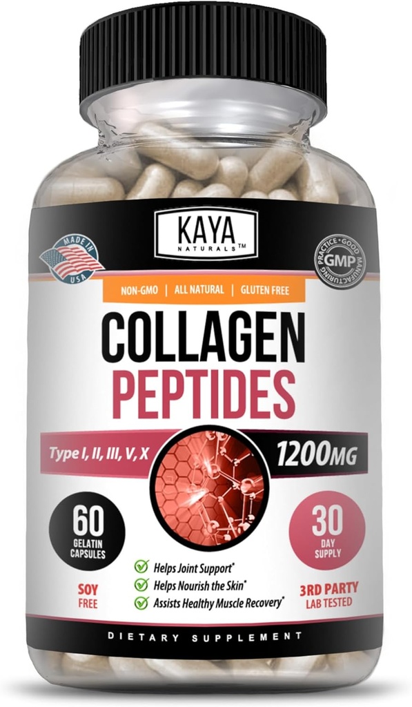 Kaya Naturals Multi Collagen Peptides Complex σκόνη για γυναίκες και άνδρες, Τύποι I, II, III, V & X 60 Κάψουλες Count