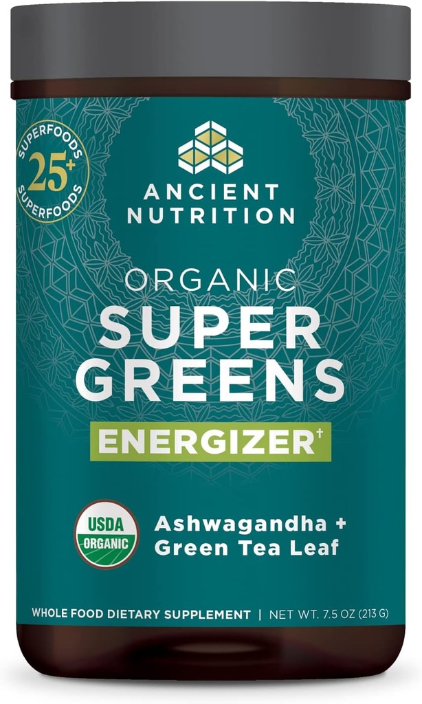 Ancient Nutrition Organic SuperGreens Energizer Powder with Probiotics and B12, Made from Real Fruits, Λαχανικά και Βότανα, for Digestive, Detoxification and Energy Support, 25 Servings