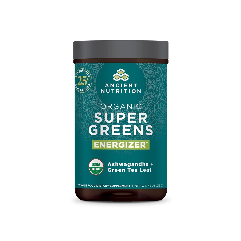Ancient Nutrition Organic SuperGreens Energizer Powder with Probiotics and B12, Made from Real Fruits, Λαχανικά και Βότανα, for Digestive, Detoxification and Energy Support, 25 Servings