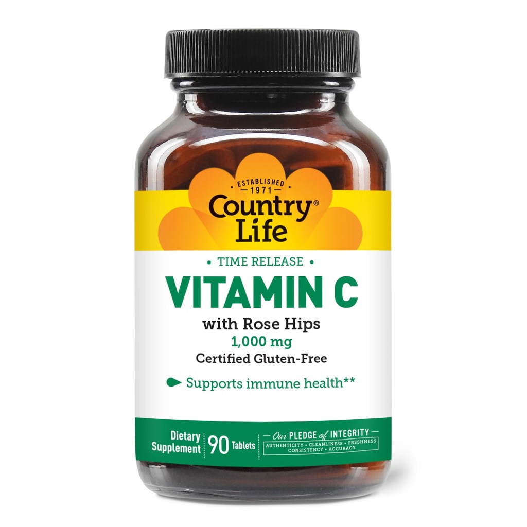 Country Life Vitamin C 1000mg with Rose Hips – Time Release Immune Support Supplement – Antioxidant Protection – Vegan, Gluten-Free, Preservative-Free – 90 Tablets