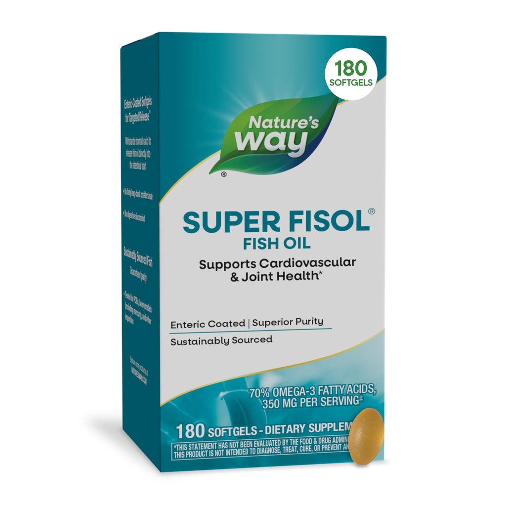 Nature's Way Super Fisol Fish Oil Softgels, Omega-3 Supplement with EPA and DHA, Supports Joint & Cardiovascular Heart Health*, Enteric-Coated Softgels, 350 mg per Serving, 180 Count