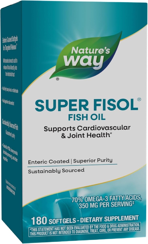 Nature's Way Super Fisol Fish Oil, Enteric Coated, Supports Cardiovascular and Joint Health*, Mega Potency Omega-3s, 180 Softgels (Packaging May Vary)