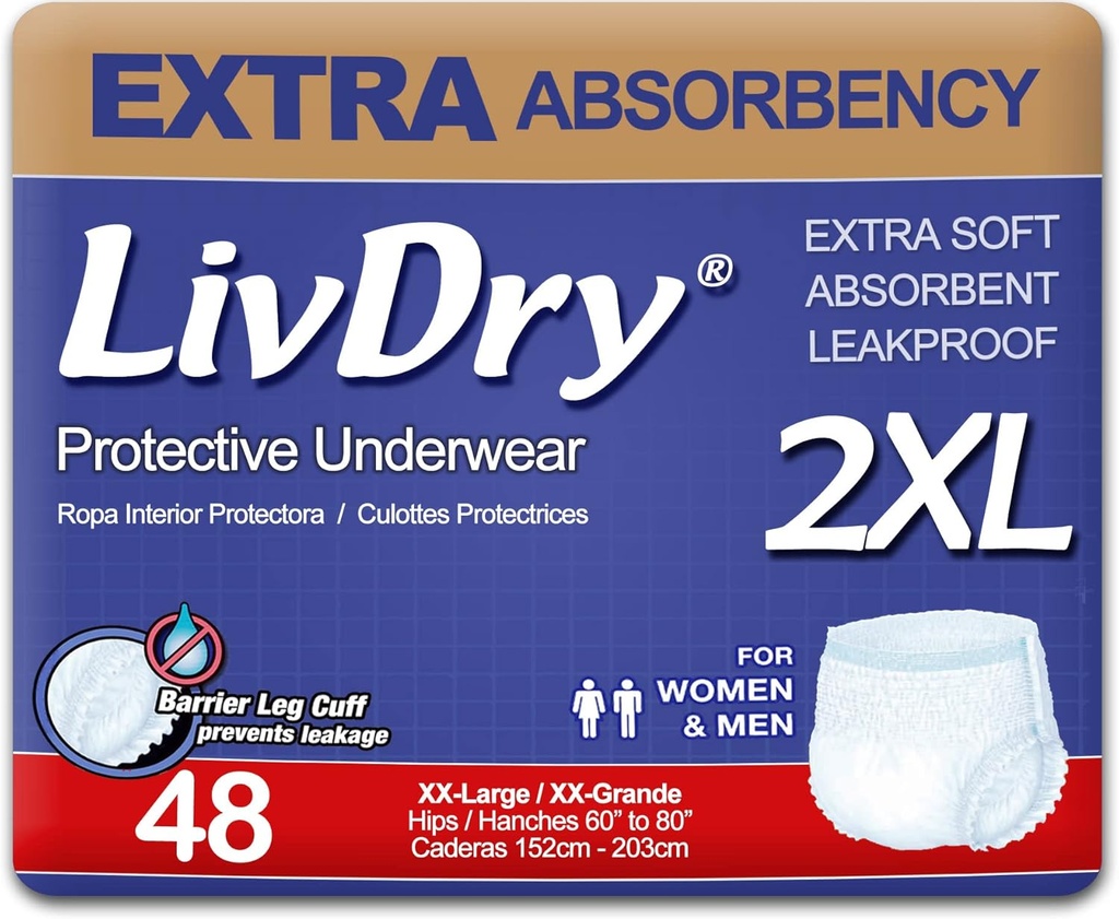 LivDry Ενηλίκων XXL Ακράτεια Εσώρουχα, Extra Comfort Απορρόφηση, Διαρροή Προστασία, XX-Large, 48-Pack