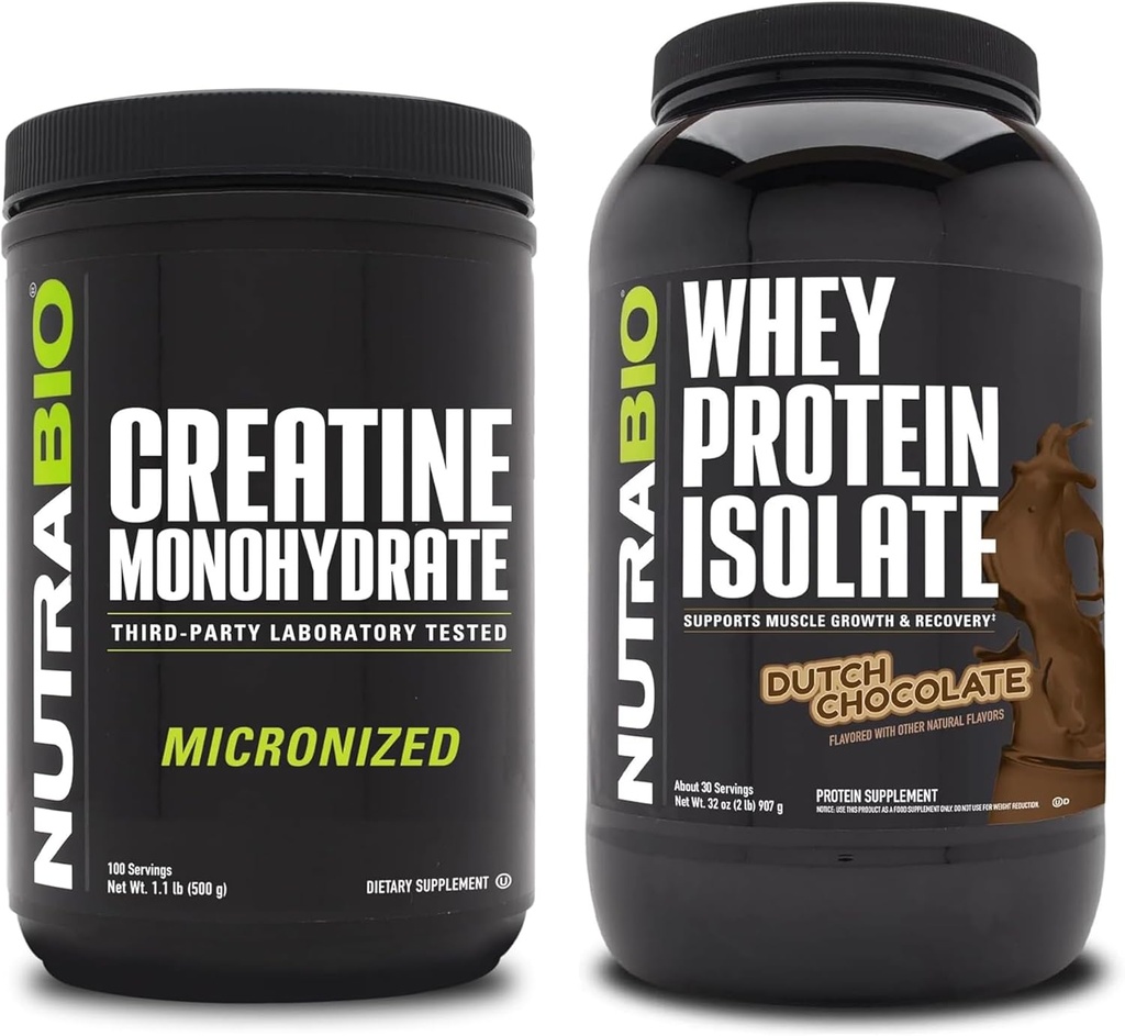 NutraBio Creatine Monohydrate, Unflavored, 500g και πρωτεΐνη Whey Isolate, ολλανδική σοκολάτα, συμπλήρωμα Bundle - μυϊκή ενέργεια, Lean μυϊκή ανάπτυξη, ανάκτηση, και δύναμη