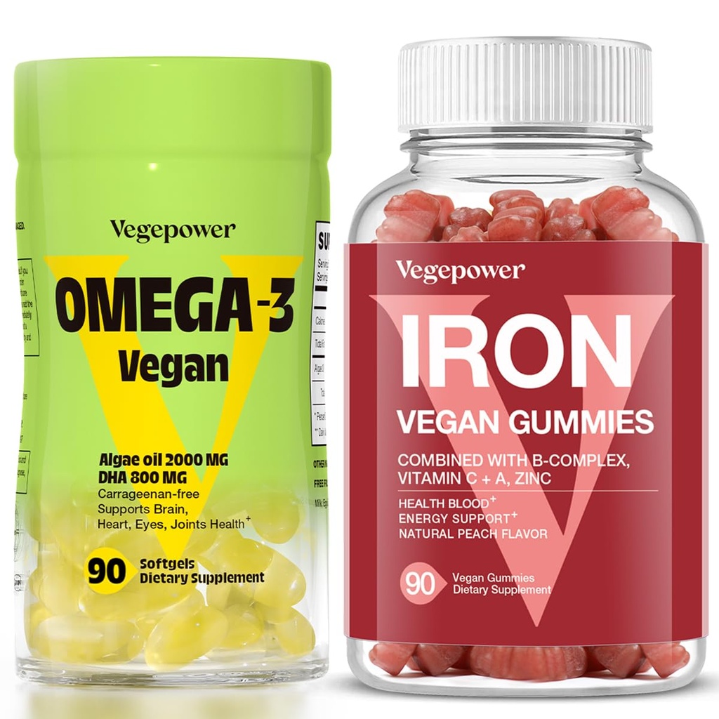 Vegan Iron Gummies + Vegan Algae Omega-3 DHA - Καλύτερο συμπλήρωμα βιταμίνης για γυναίκες & άνδρες, μη ΓΤΟ, χωρίς γλουτένη