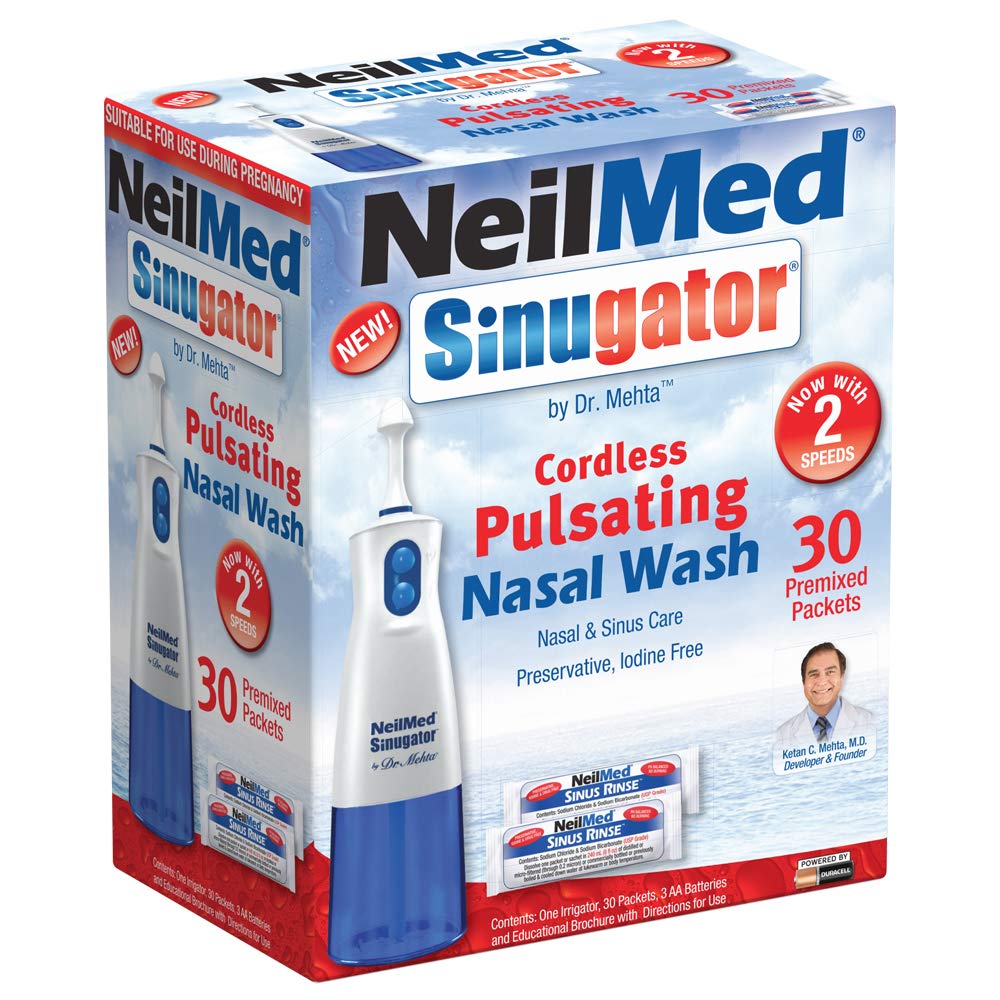 NeilMed Sinugator Cordless Pulsating Nasal Wash Kit με έναν ερεθιστή, 30 Premixed Packets και 3 μπαταρίες AA (Pack of 1)