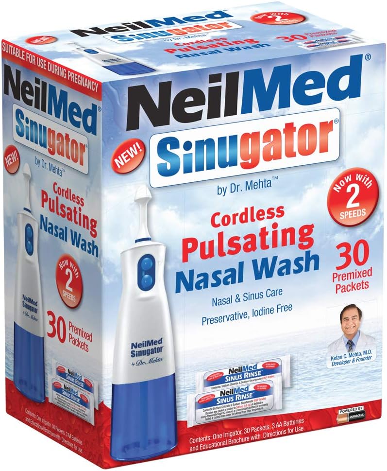 NeilMed Sinugator Cordless Pulsating Nasal Wash Kit με έναν ερεθιστή, 30 Premixed Packets και 3 μπαταρίες AA (Pack of 1)
