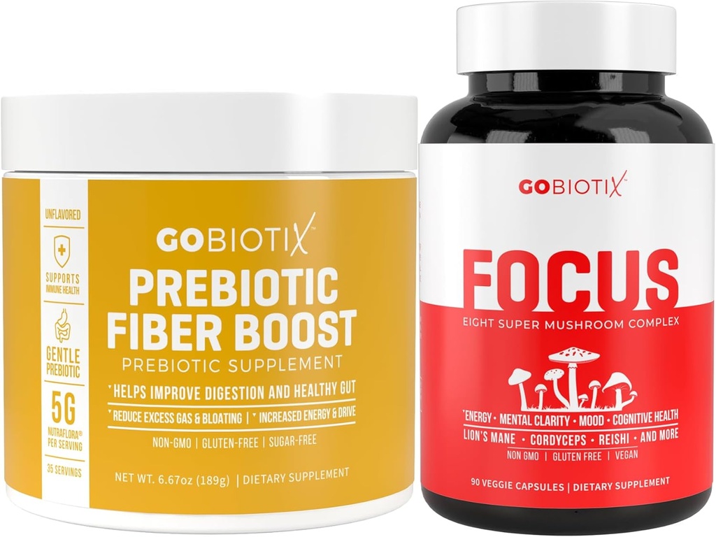 GOBIOTIX Brain & Gut Wellness Bundle: Focus Mushroom Complex 90 κάψουλες + Fiber συμπλήρωμα 35 εξυπηρετούν