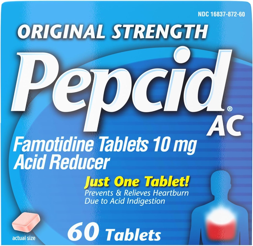 Pepcid AC Original Strength Heartburn Relief Tablets, Αποτρέπει & Ανακουφίζει Heartburn Λόγω Όξινης Δυσπεψίας & Ξηράς Στομάχι, 10 mg Famotidine για να μειώσει & να ελέγξει οξύ, ταχείας δράσης, 60 Ct