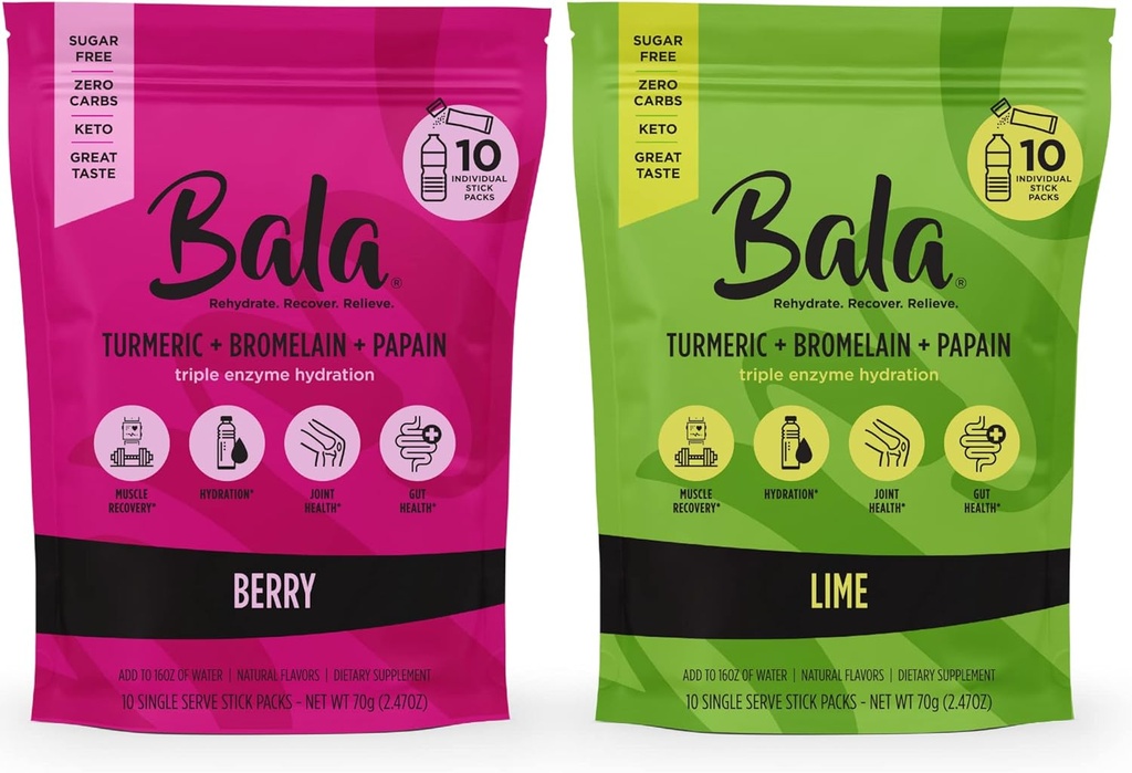 BALA Turmeric Enzyme Powder Packets, Sugar Free Hydration Mix για την Υγεία των Ούρων, την Ανοσολογική Υποστήριξη, Φυσικές Γεύσεις, 10 Pack