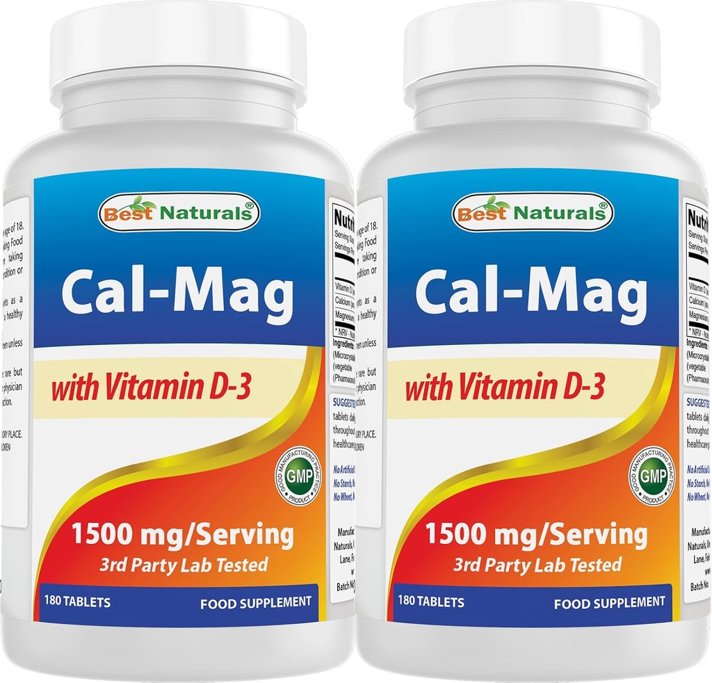Best Naturals Μαγνήσιο ασβεστίου με βιταμίνη D3 1500mg Σερβίρισμα 180 δισκία (180 Count (Pack of 2))