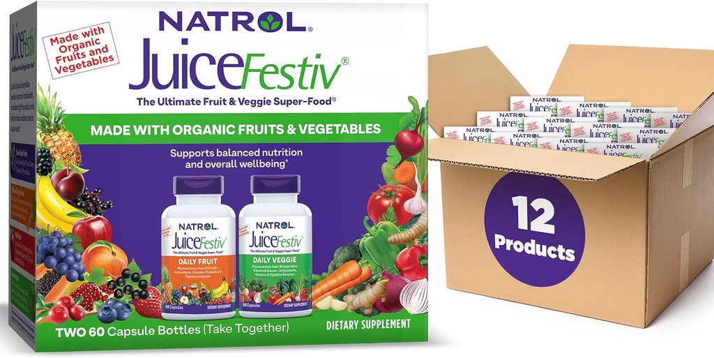 Natrol JuiceFestiv Pack, Daily Fruit and Veggie Capsules, Dietary Supplement Supports Balanced Nutrition, 120 Count (Pack of 12)