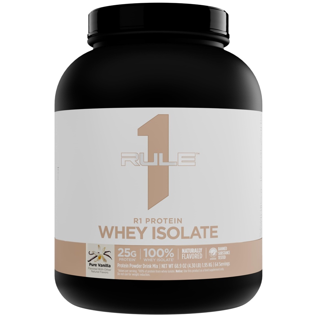 Rule 1 Naturally Flavored R1 Protein Whey Isolate, Pure Vanilla, 4.3 Pounds | 25g Protein & 6g BCAA Exclusively from Whey Isolates and Hydrolysate isolates for Workout Recovery and anytime use